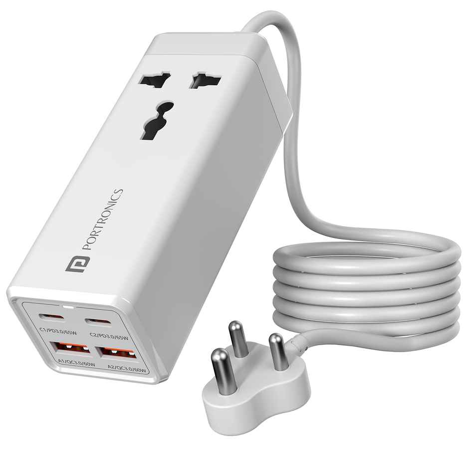 Portronics Adapto Volt 65 65W High speed 5-in-1 Power Strip with 2 Type C PD Ports(White)