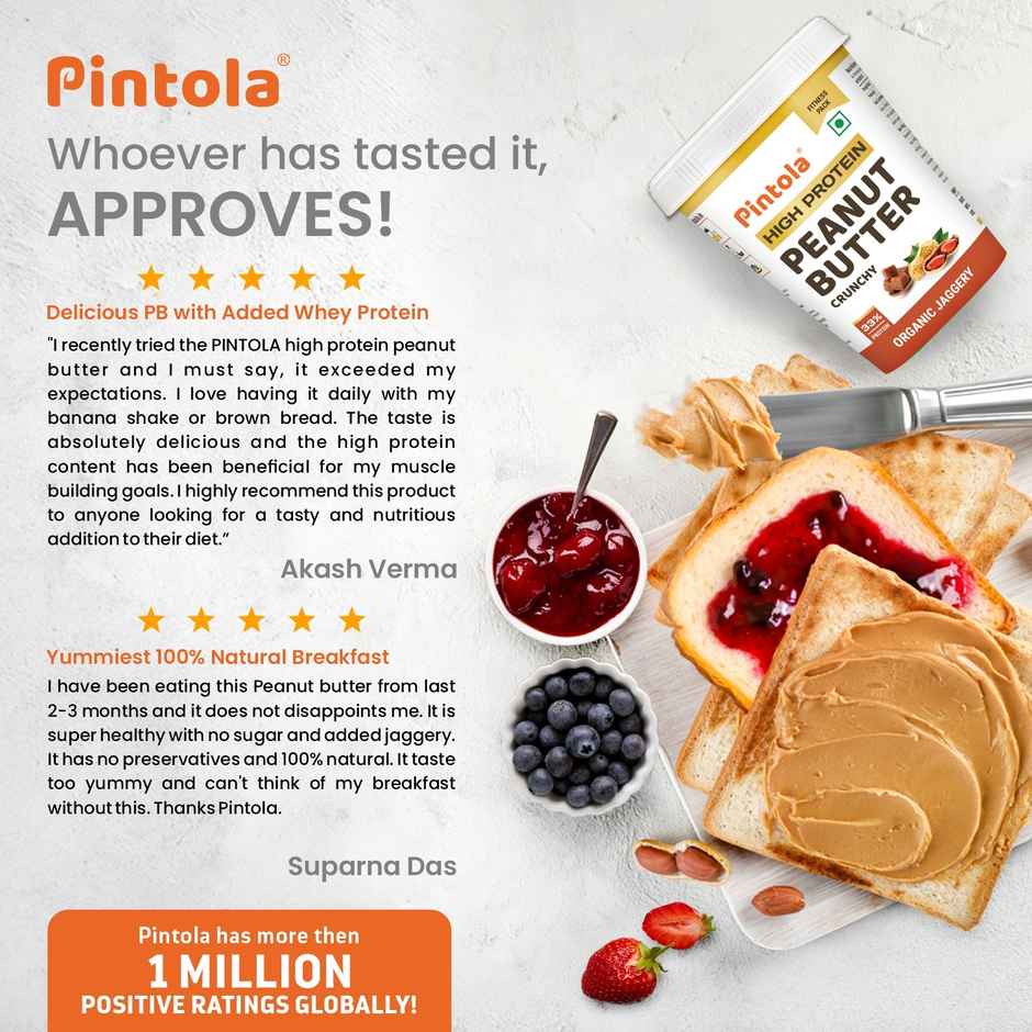 Pintola High Protein Organic Jaggery Peanut Butter Crunchy With 33G Protein & 7G Fiber