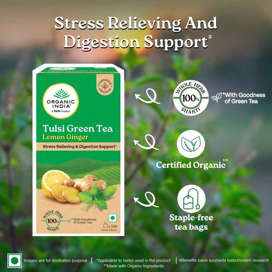 Organic India Tulsi Green Tea Lemon Ginger - 25 Tea Bags, Supports Digestion
