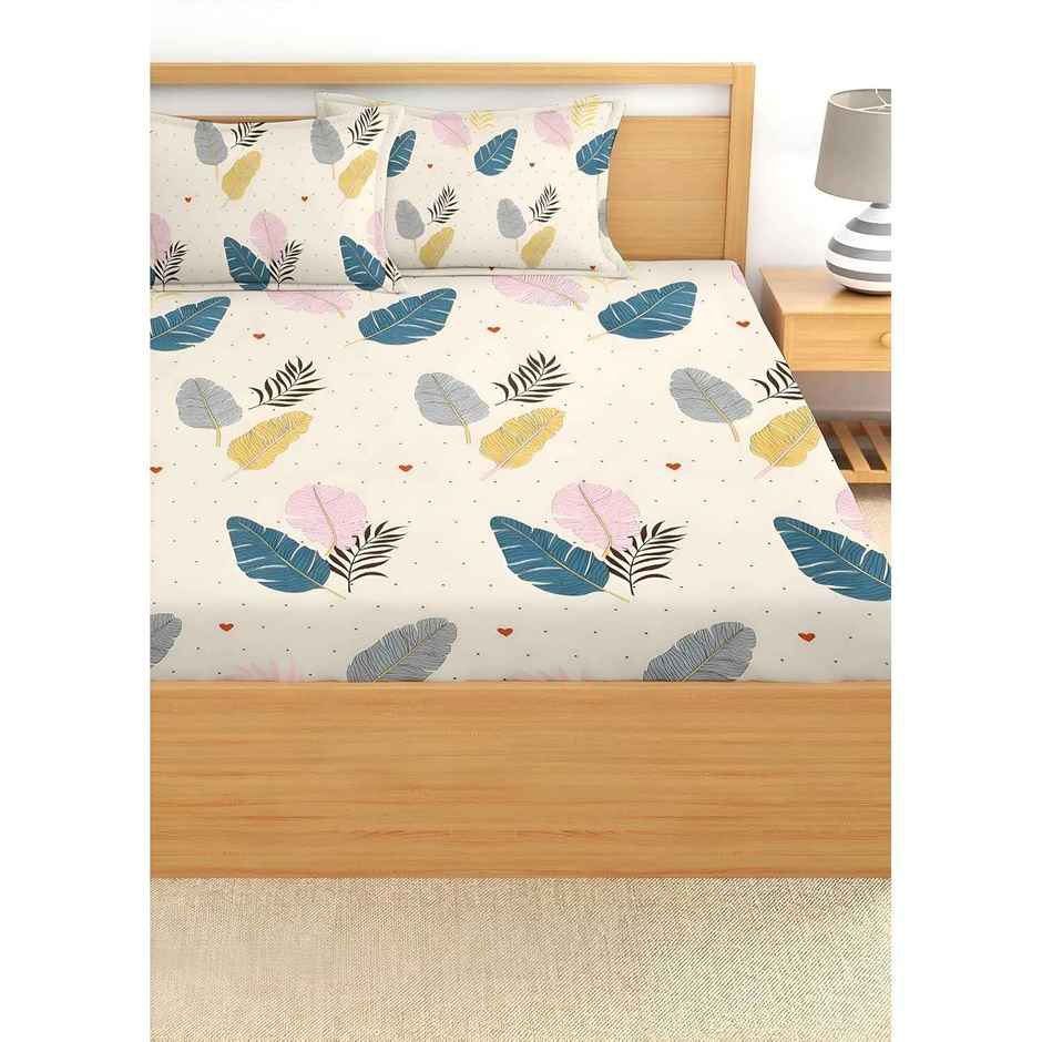 Swadeshi Style Elastic Fitted Double Cotton Bedsheet | With 2 Pillow Covers | White Floral, 87x96in