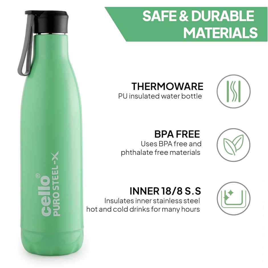 Cello Puro Steel X Neo Insulated Water Bottle | BPA Free & Leakproof | Green | 720 ml