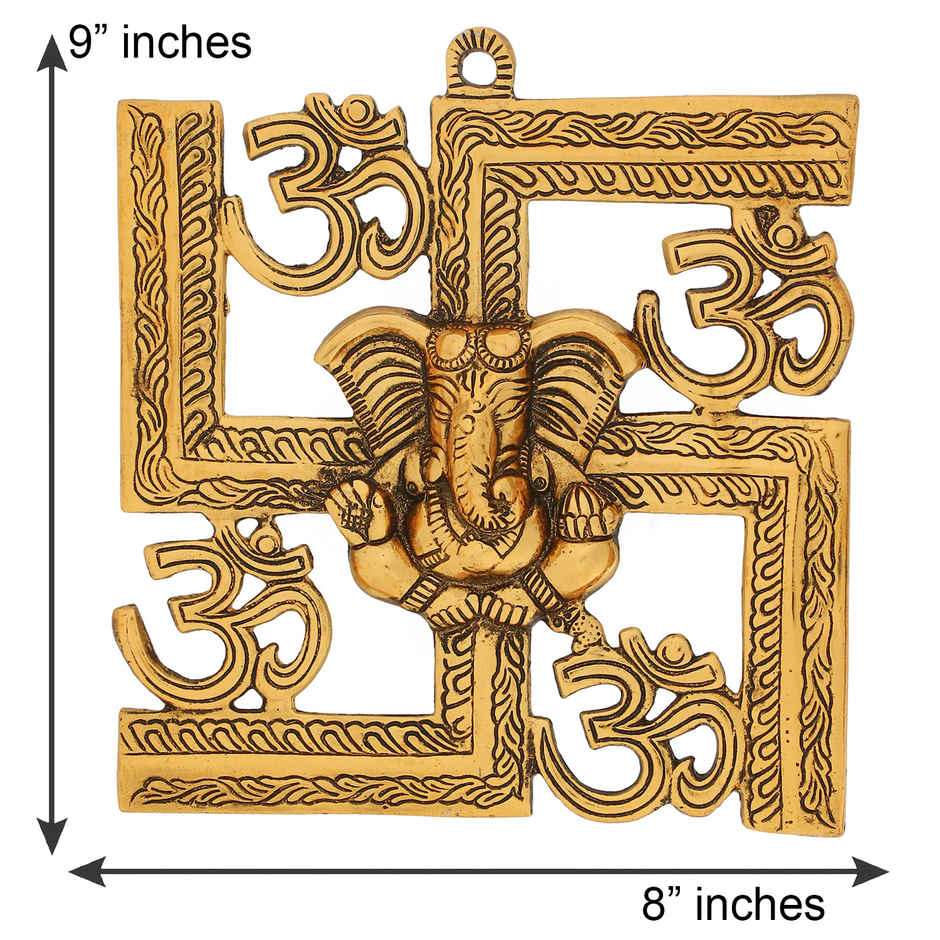 eCraftIndia Golden Lord Ganesha on Om Swastik Metal Wall Hanging