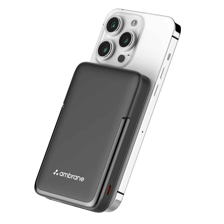 Ambrane Magsafe Wireless 10000Mah Fast Charging Power Bank, Strong Magnet, Micro USB Input, 22.5W Output For Iphone 12 Above, Android & Other Qi Enabled Devices + Magnetic Ring - Black
