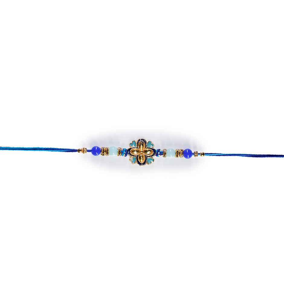 Aurum Floral Blue Rakhi With Beads - Graceful and Vibrant