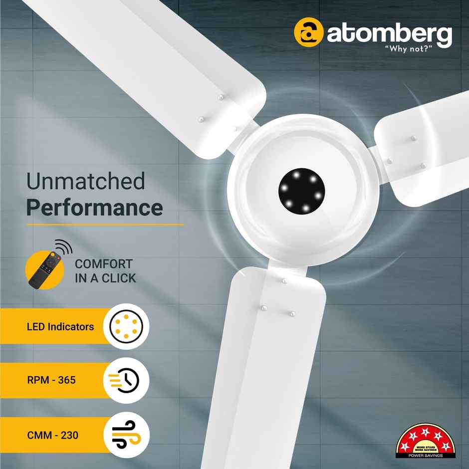 Atomberg Efficio Alpha BLDC Ceiling Fan,1200mm,Remote Control,BEE 5 Star,LED Indicators,Gloss White