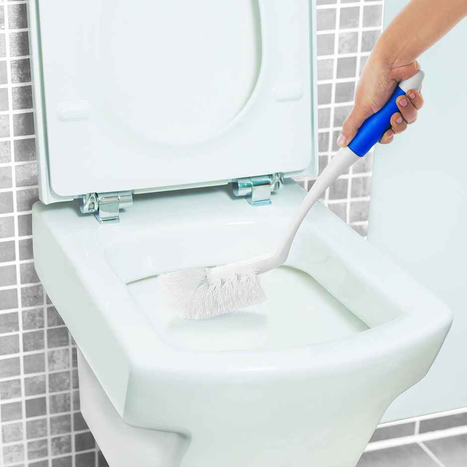 Cello Kleeno Angular Toilet Brush with Storage, Blue & White | Rubberised Handle For Firm Grip