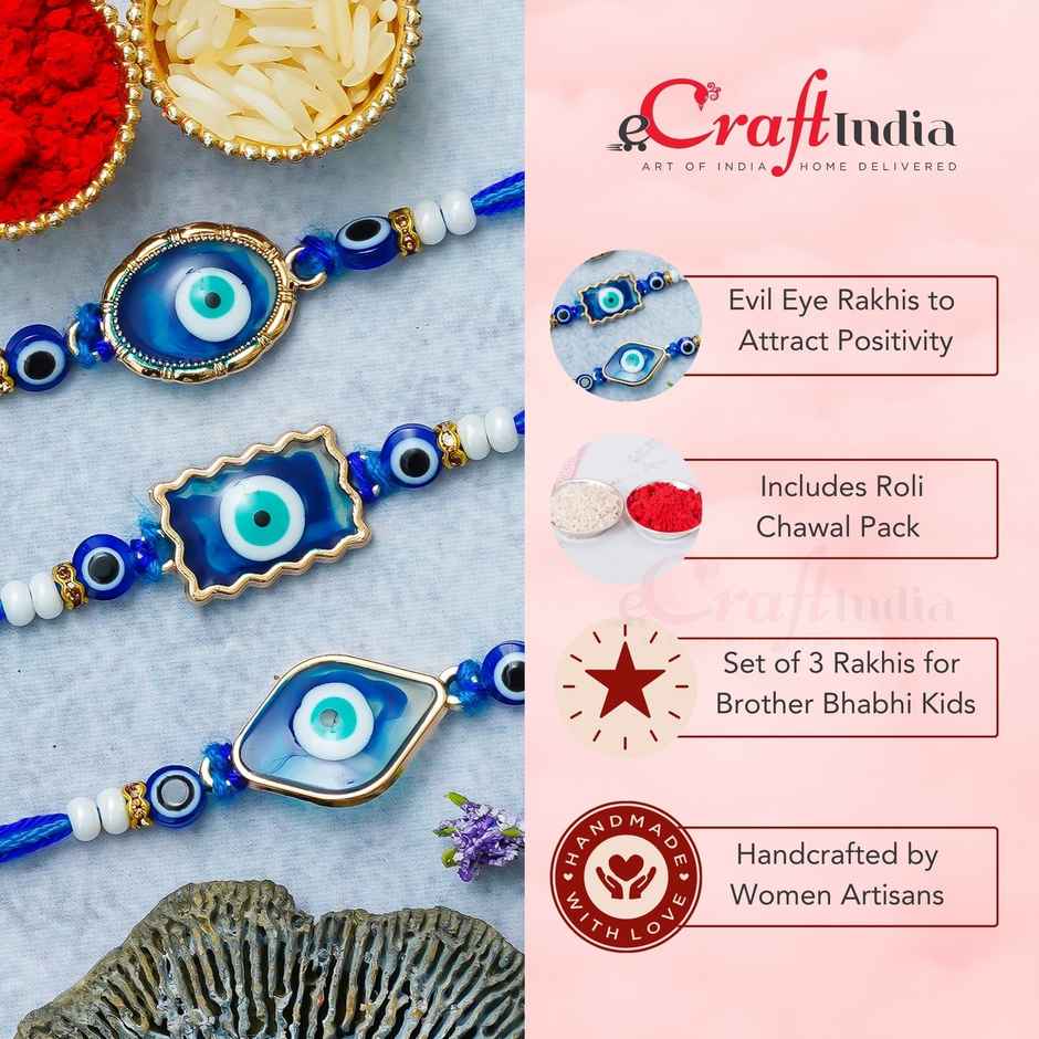 Evil Eye Rakhi for Bhaiya, Bhai, Bhabhi and Kids with Roli Chawal | Pack of 3 | Ecraftindia