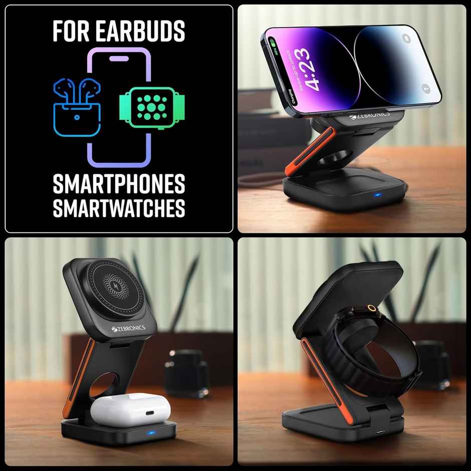 Zebronics Magboost 3 in 1 Foldable MagSafe Compatible Wireless Charging Pad | 15W | Fast Charge