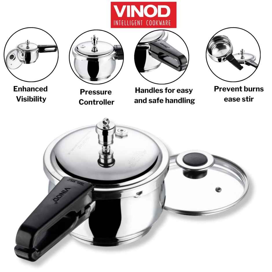 Vinod 18/8 Stainless Steel Splendid Plus Pressure Cooker - 1.5 Litres With Extra Glass Lid