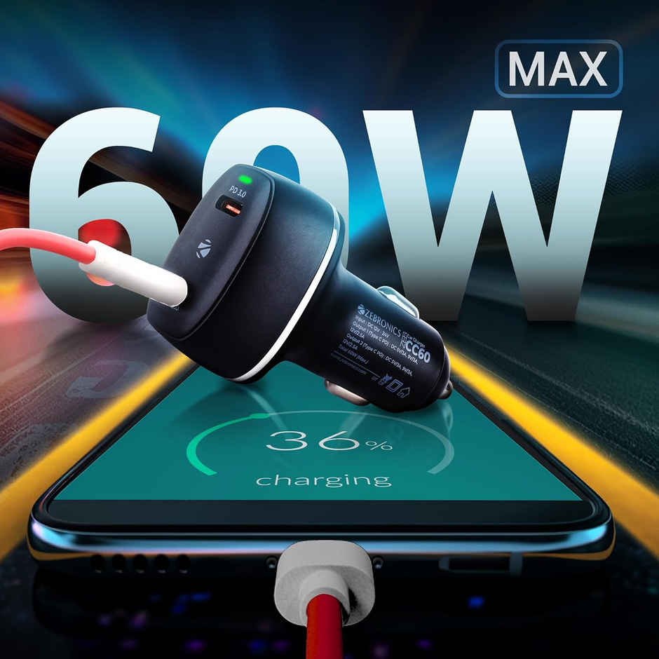 Zebronics CC60 Car Charger with 60 Watts Rapid Charge, Dual Type C Pd Ports, Compact Design, Built in Protections, Led Indicator for Smartphones - Black