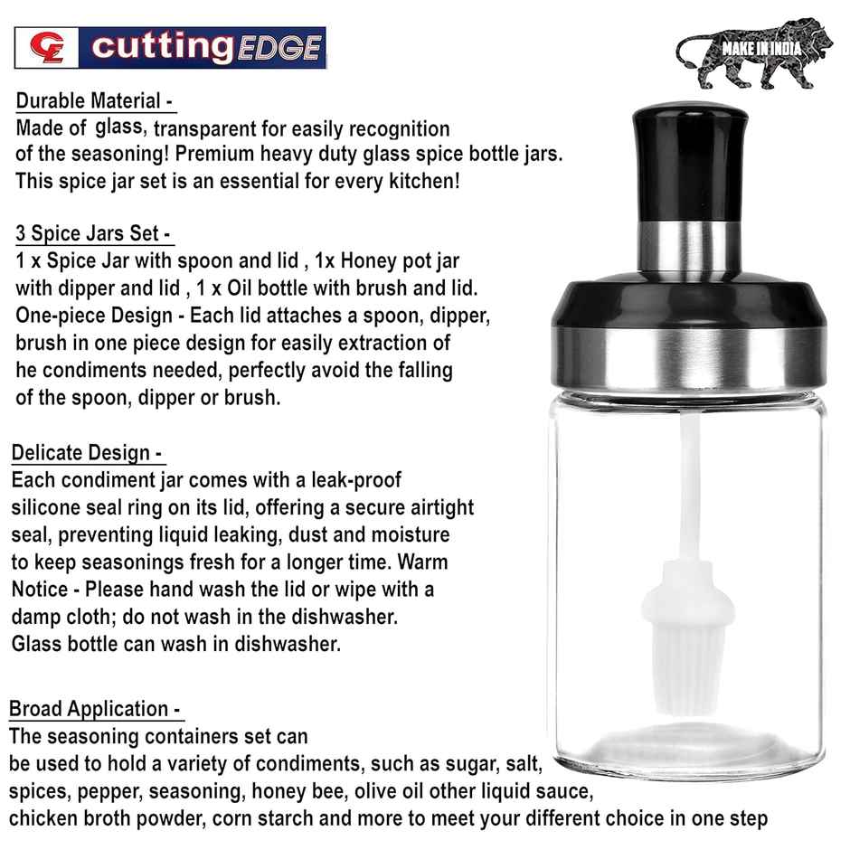Cutting EDGE 250ml Glass Containers for Oil, Sauce, Honey, Ghee | Jar with Brush | Set of 3