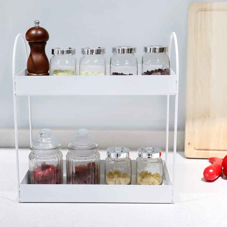 Go Hooked 2-Tier Metal Standing Rack | Vanity Storage Standing Shelf | White