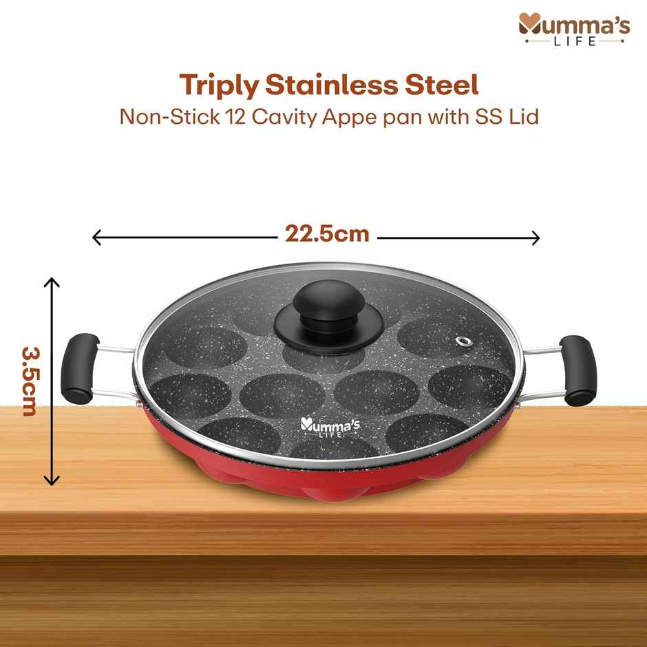 Mumma s Life Non-Stick 12 Cavity Grill Appam Patra 2 Side Handle with Glass Lid | 22 cm