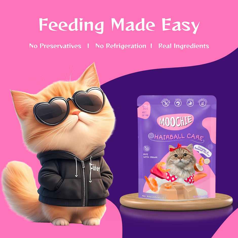 Moochie Cat Wet Food Hairball Care -Pate With Prawn In Gravy | Grain/Gluten Free & No Preservative