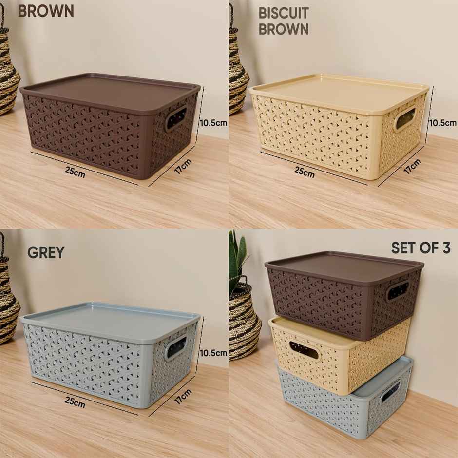 Tex-Ro Plastic Woven Design Side Handle Multipurpose Storage Basket with Lid | Pack of 3