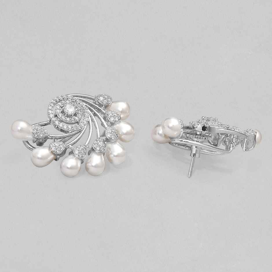 Rubans Silver-Plated Pearls and Cubic Zirconia Studded Oversized Premium Floral Stud Earring
