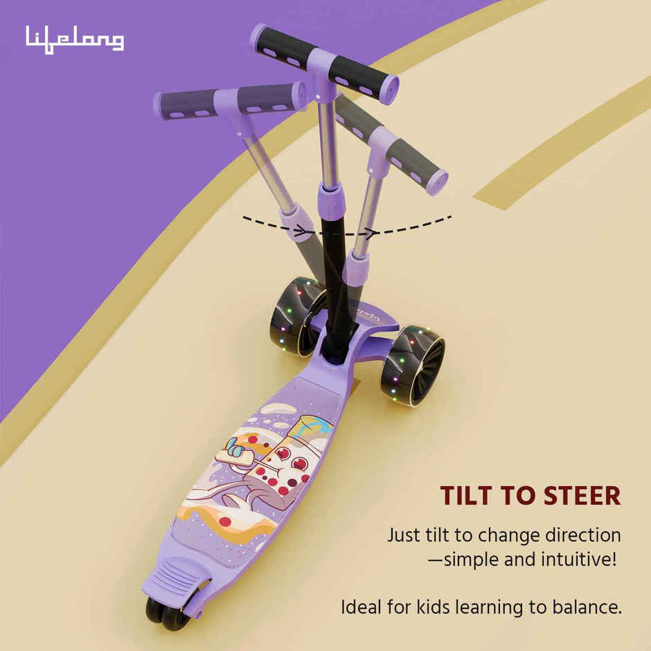 Lifelong Kick Scooter with Adjustable Height & LED Wheels for Kids | Max 50kg | Purple & Black