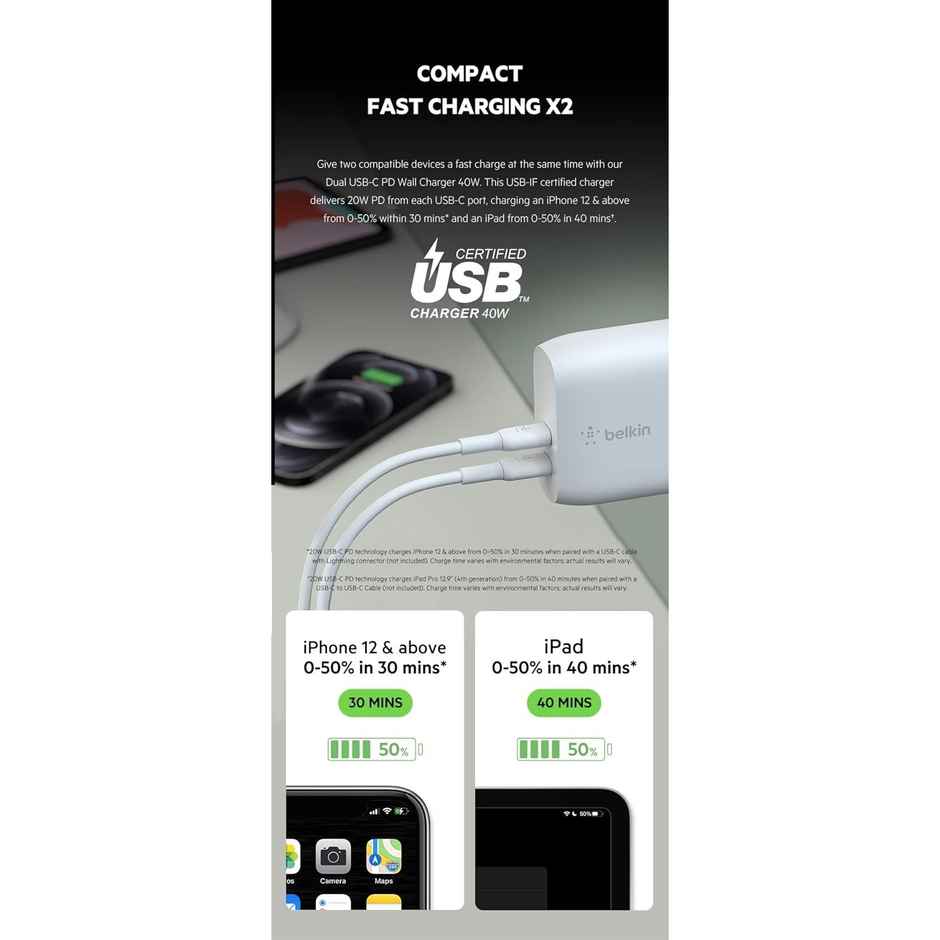 Belkin 40W Dual USB-C Wall Charger without Cable