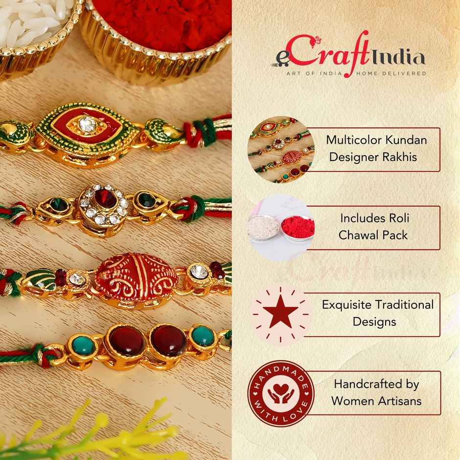 Kundan Multicolor Kundan Designer Rakhis & Roli Chawal Pack (eCraftIndia) Set of 4