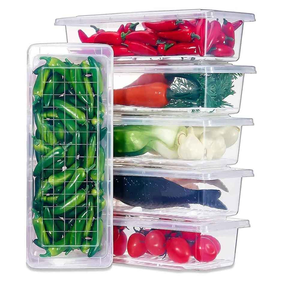 Perpetual Fridge Storage Boxes for Vegetables 4 Pcs | Removable Drain Plate | Stackable | Kitchen