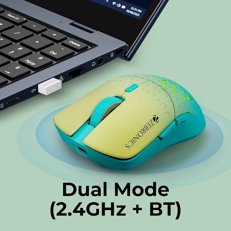 Zebronics Marine Wireless Mouse with Rechargeable Battery, BT + 2.4GHz, 6 Buttons, 4 DPI, 1000/1600/2400/3200, Comfortable & Ergonomic Design, Multicolor LED Lights - Green