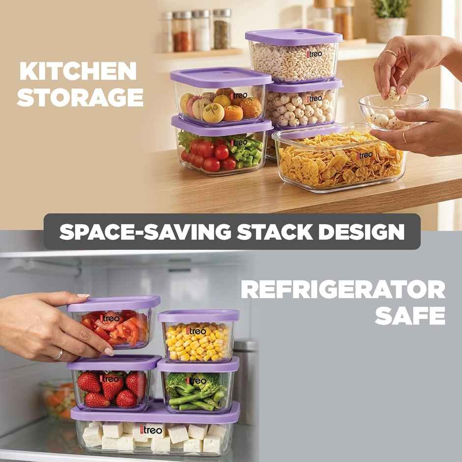 Treo by Milton Nutri Glass Food Storage Containers Set With Lids | Microwave Safe | Purple