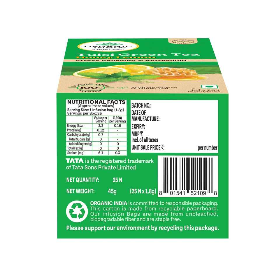 A TATA Product - Organic India Honey Lemon Flavored Tulsi Green Tea - 25 Tea Bags