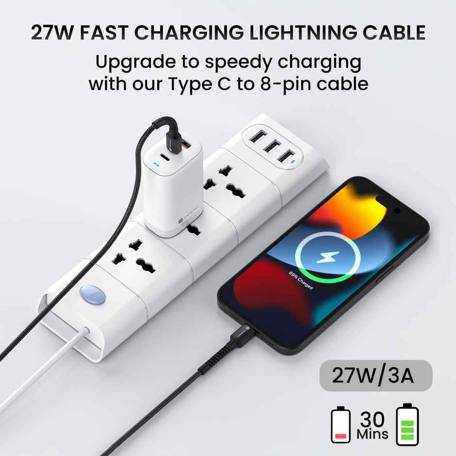 Portronics Konnect X Type C to 8-Pin 27W Fast Charging Cable | Black - 2 m
