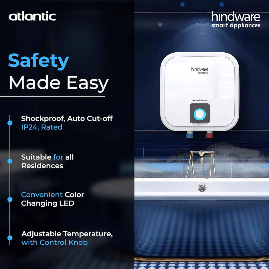 Hindware Smart Appliances Xceed Prime 10L, 2Kw, Glasslined Coated Tank, Storage Water Heater, White