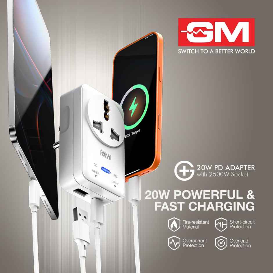GM G+ 3-in-1 20W PD Fast Charging Adapter with 2500W Universal Socket