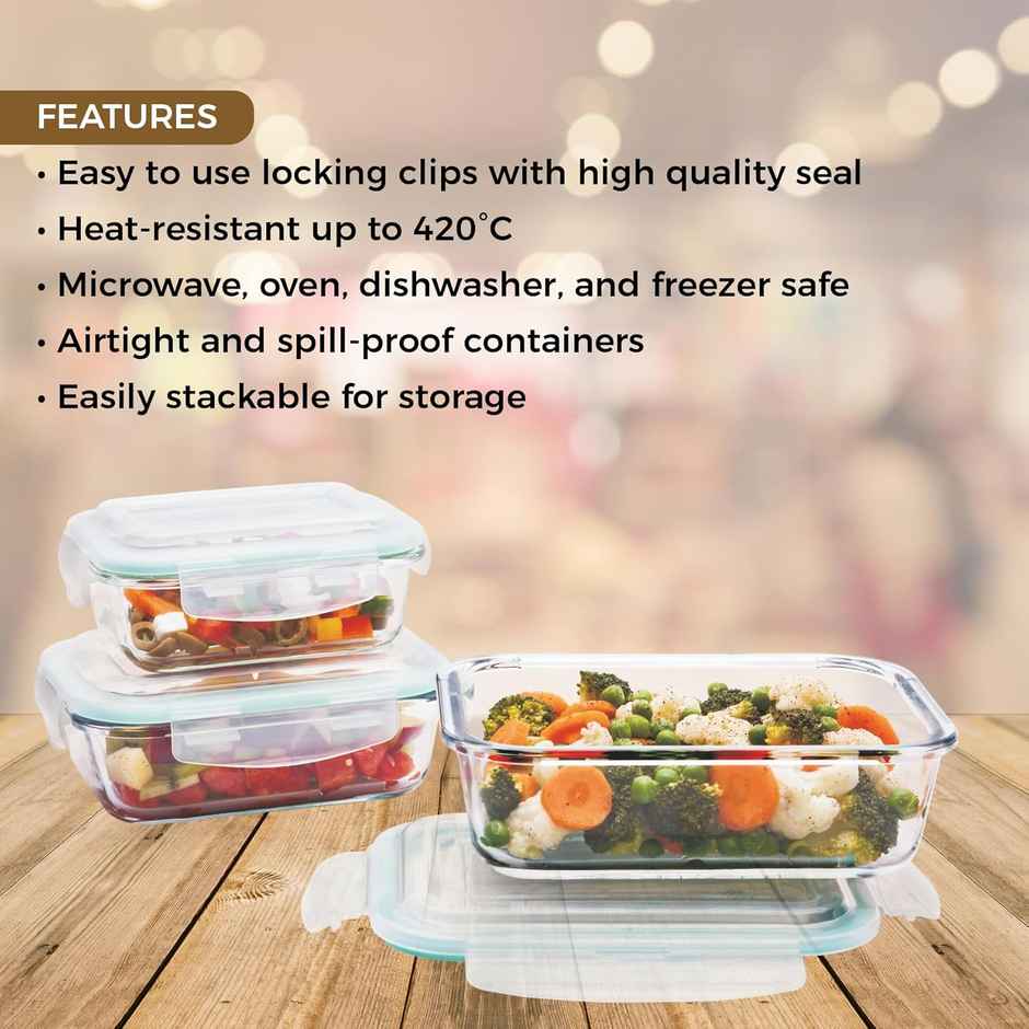 SignoraWare Lock 'N' Store Borosilicate Glass Container Rectangular, 370Ml+640Ml+1040Ml, Set/3