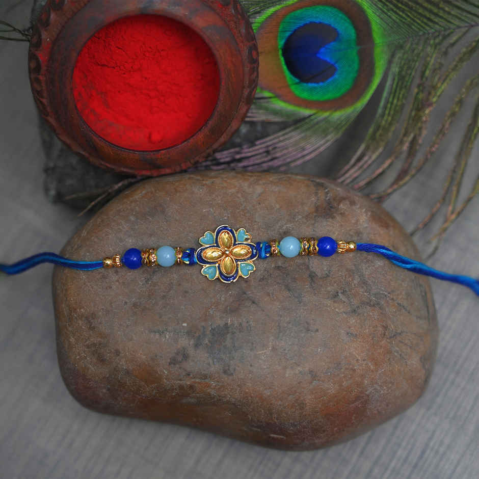 Aurum Floral Blue Rakhi With Beads - Graceful and Vibrant