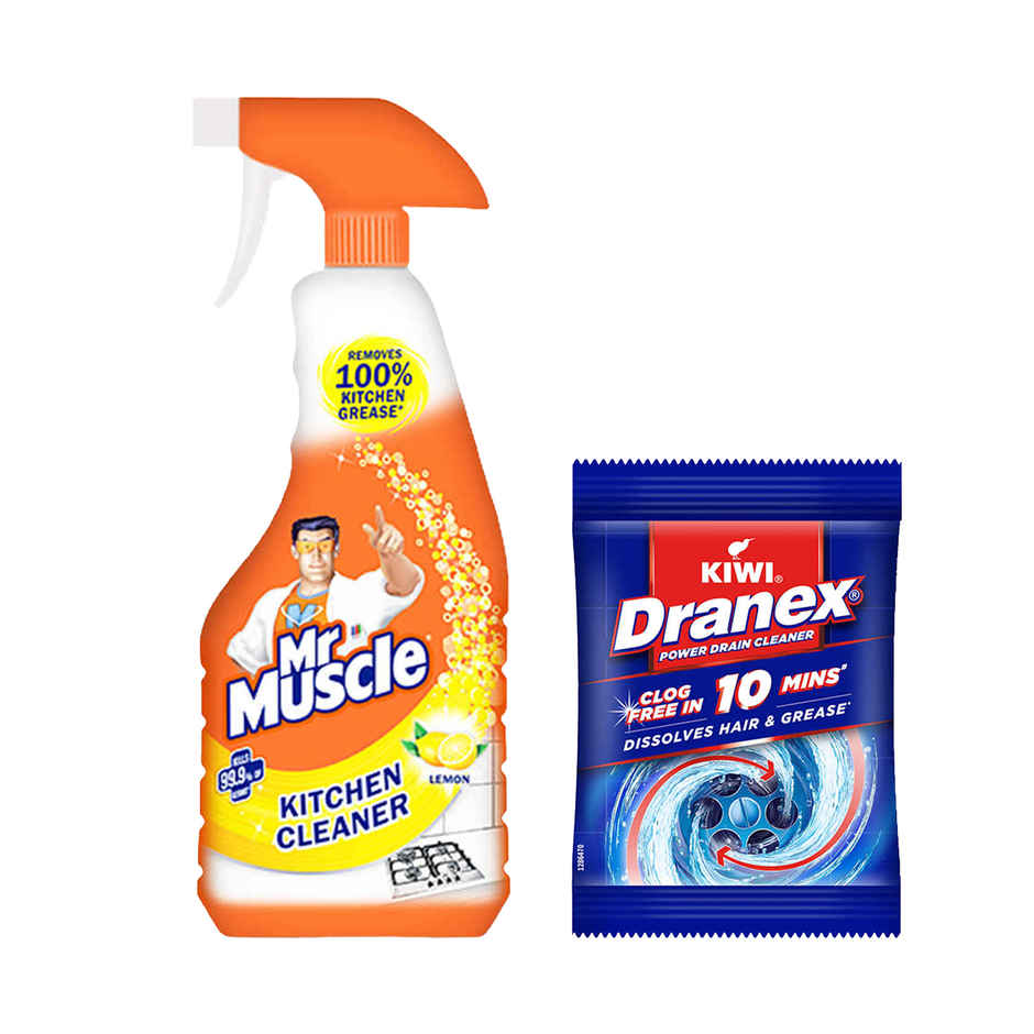 Mr. Muscle Kiwi Dranex Drain Cleaner Powder | Removes Clogs, Blockages In Just 30 Minutes (50g) & Mr. Muscle Kitchen Cleaner Spray, Fresh Lemon (450ml) Combo