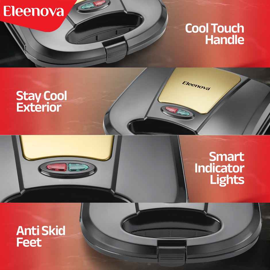 Eleenova Crown 800 W Sandwich Maker-Die-Cast Plates, Non-Stick, Energy-Efficient