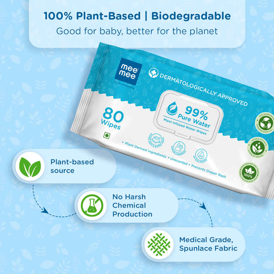 Mee Mee 99% Pure Water Unscented Plant Derived Baby Wipes | 80 Pulls per Pack