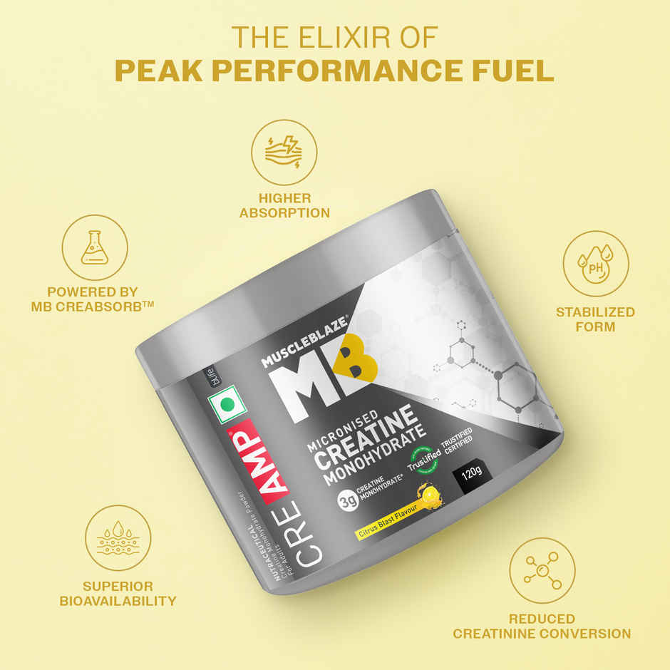 MuscleBlaze Creatine Monohydrate CreAMP with CreAbsorb | 30 Servings | Citrus Blast