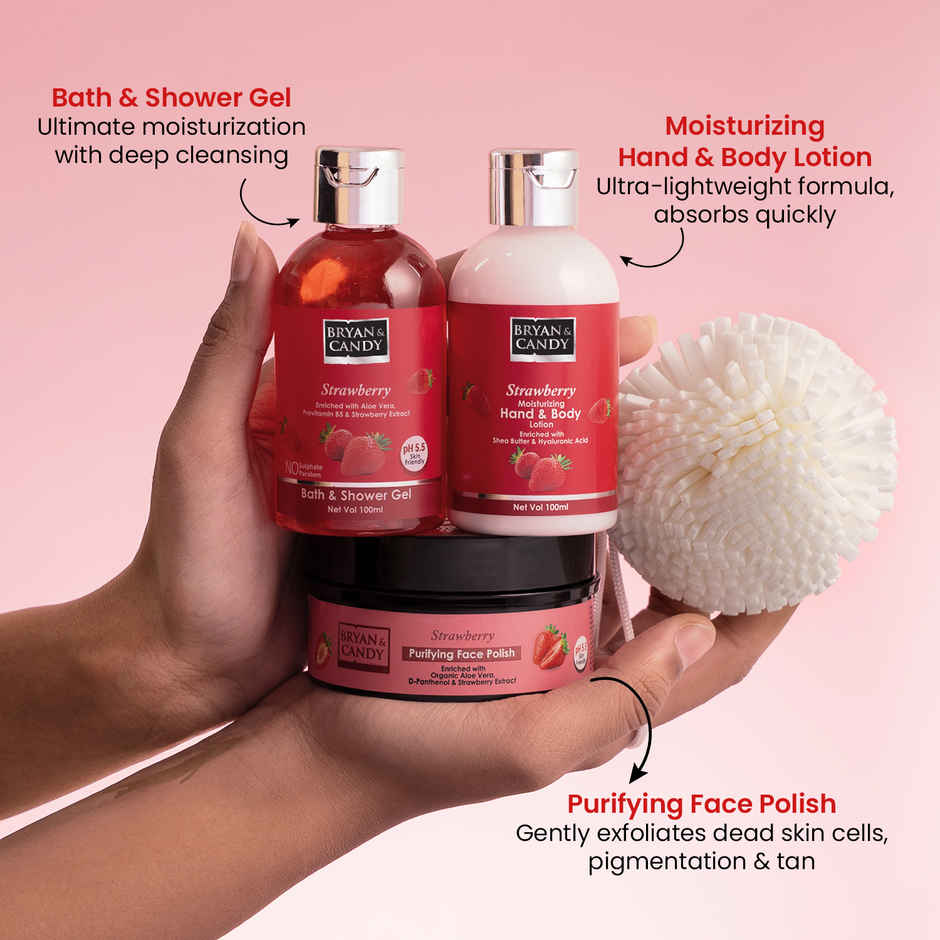 Bryan & Candy Strawberry Heart Kit Combo|Shower Gel|Hand-Body Lotion|Body Polish|Loofah|Pack Of 3