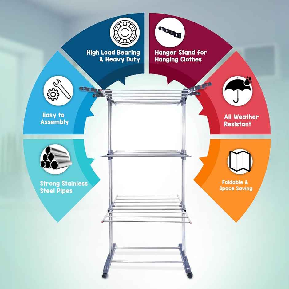 Limetro Steel Stainless Steel Double Pole 3 Layer Cloth Drying Stand with Hanger