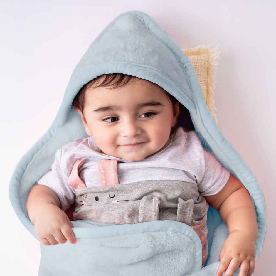 Haus & Kinder 450 GSM Hooded Blanket | New Born Baby | 0 to 6 Months | Sky Blue - 75 x 75 cm