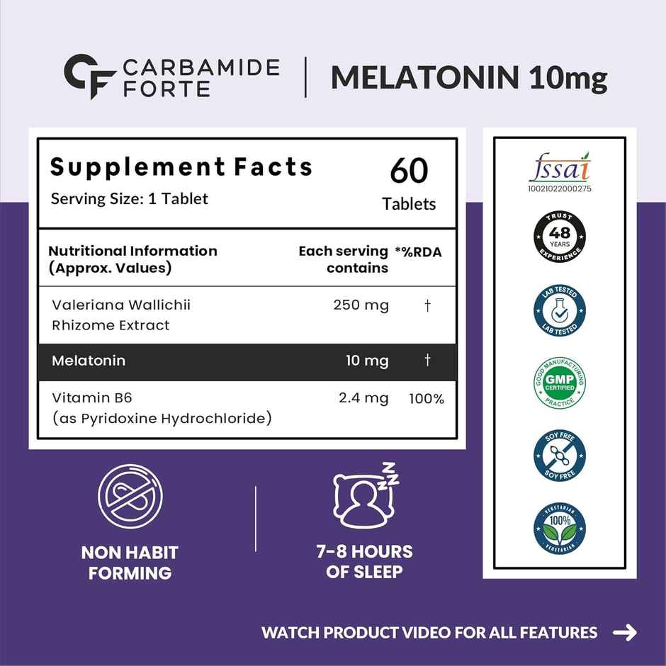 Carbamide Forte Melatonin 10mg Sleeping Pills with Tagar 250mg|Sleep Supplement - 60 Tabs
