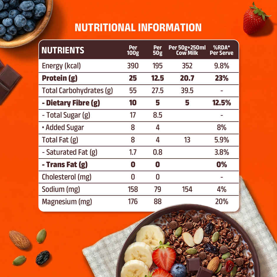 Pintola High Protein Muesli Dark Chocolate & Cranberry, 25 g Protein, High Fibre, Trans Fat Free