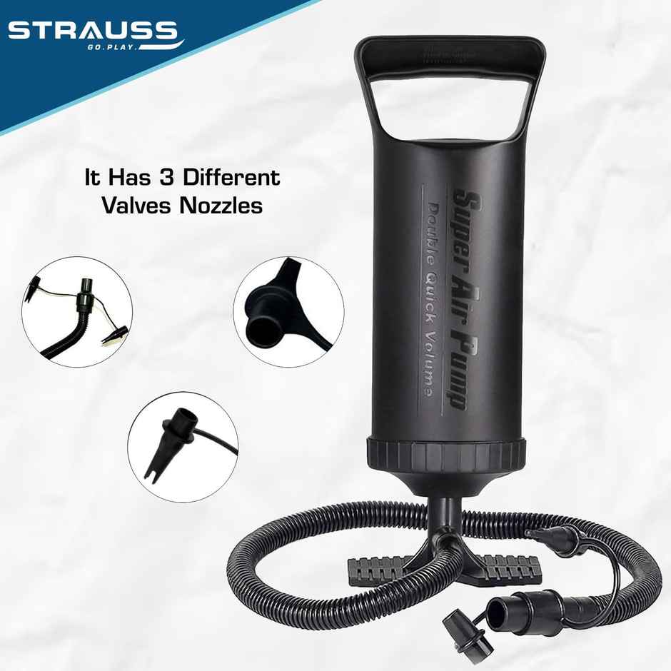 Strauss Inflatables Hand Air Pump With 3 Nozzle Hose | 29 Cm | Black