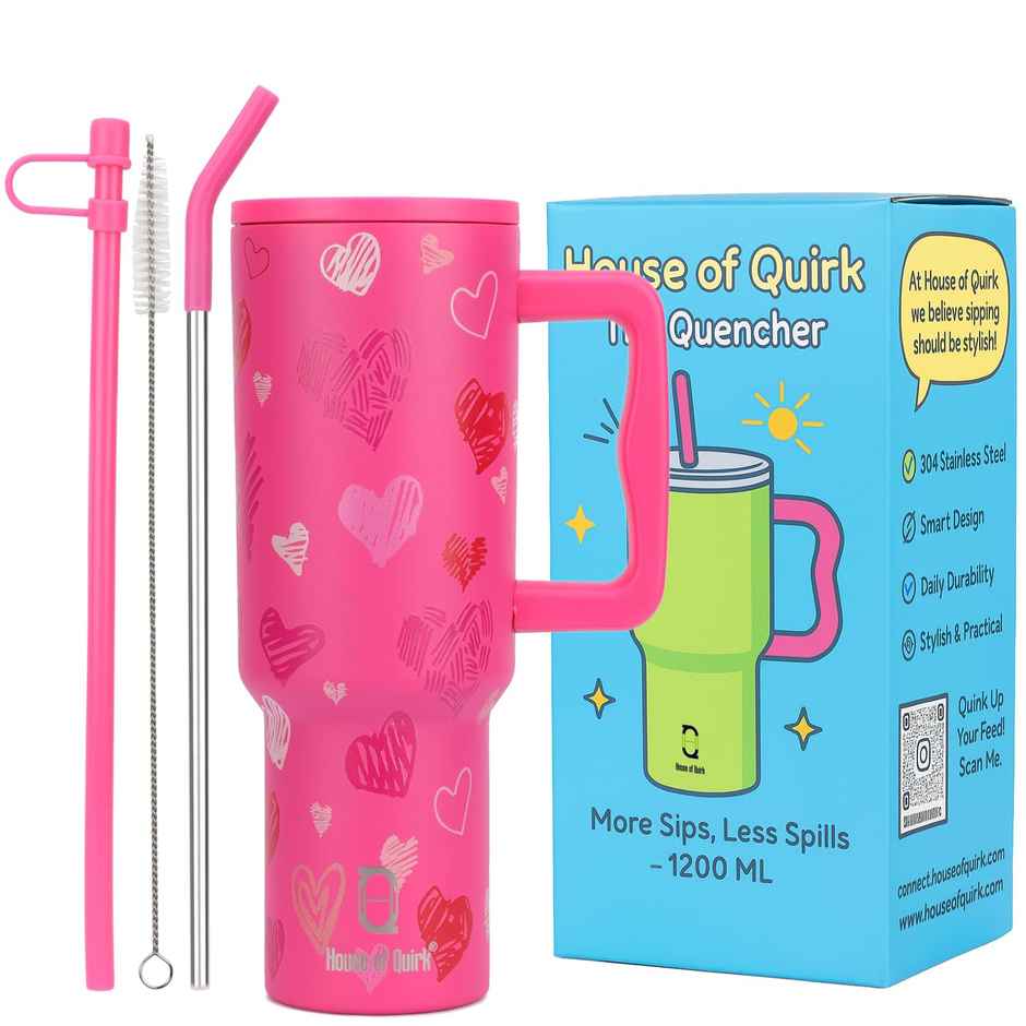 House of Quirk Stainless Steel Tumbler with Handle & Lid, 2 Straws | Rose Heart - 1200 ml