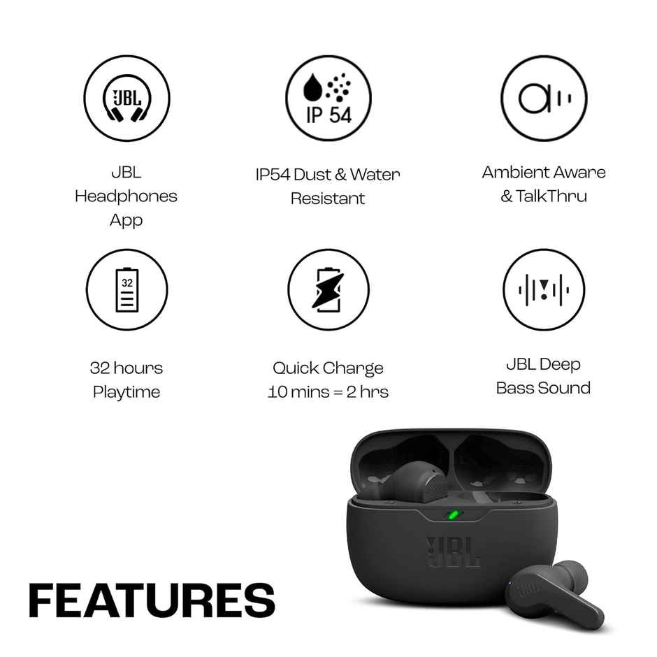 JBL Wave Beam In Ear TWS Earbuds, 32Hr Playtime, IP54, Smart Ambient & TalkThru Mode, App Bluetooth - Black 