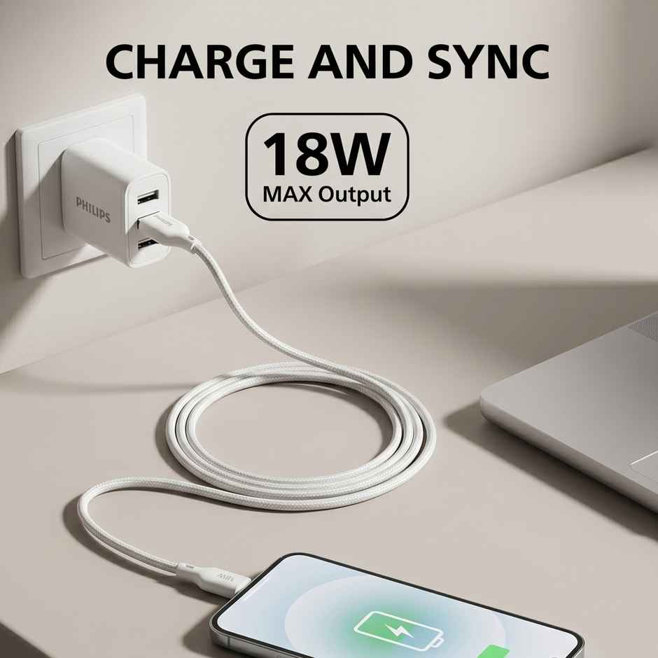 Philips 18W USB A to Type C Fast Charging Cable | DLC4130AW94 | Bright White | 1 m