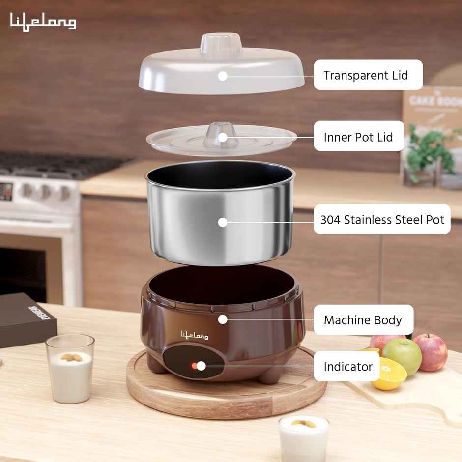 Lifelong LLECM09 Yogurt & Curd Maker for Home, 1 Litre Automatic Curd Maker with Auto Temperature Regulation, 304 Stainless Steel Container - Brown