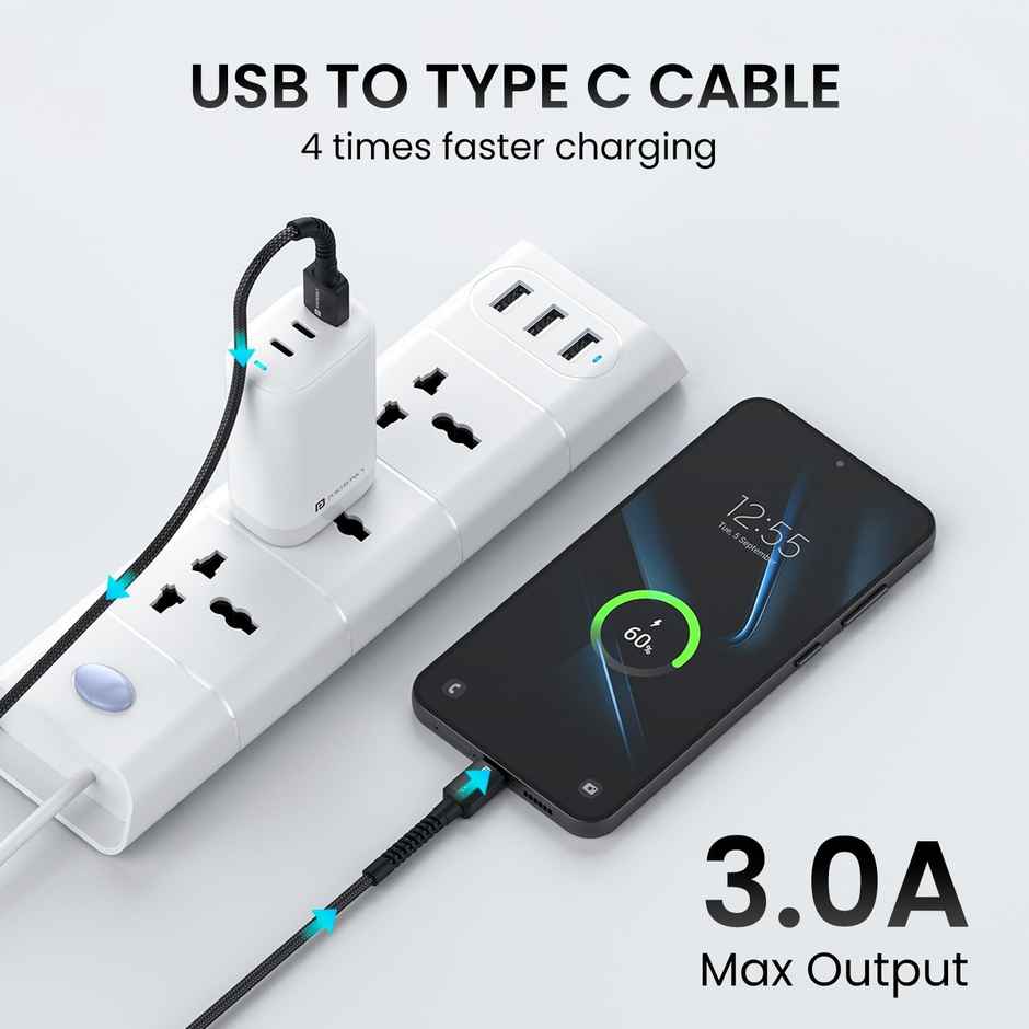 Portronics Konnect X 3A Nylon Braided USB to Type C 2M Fast Charging Cable | Type C Devices | Black