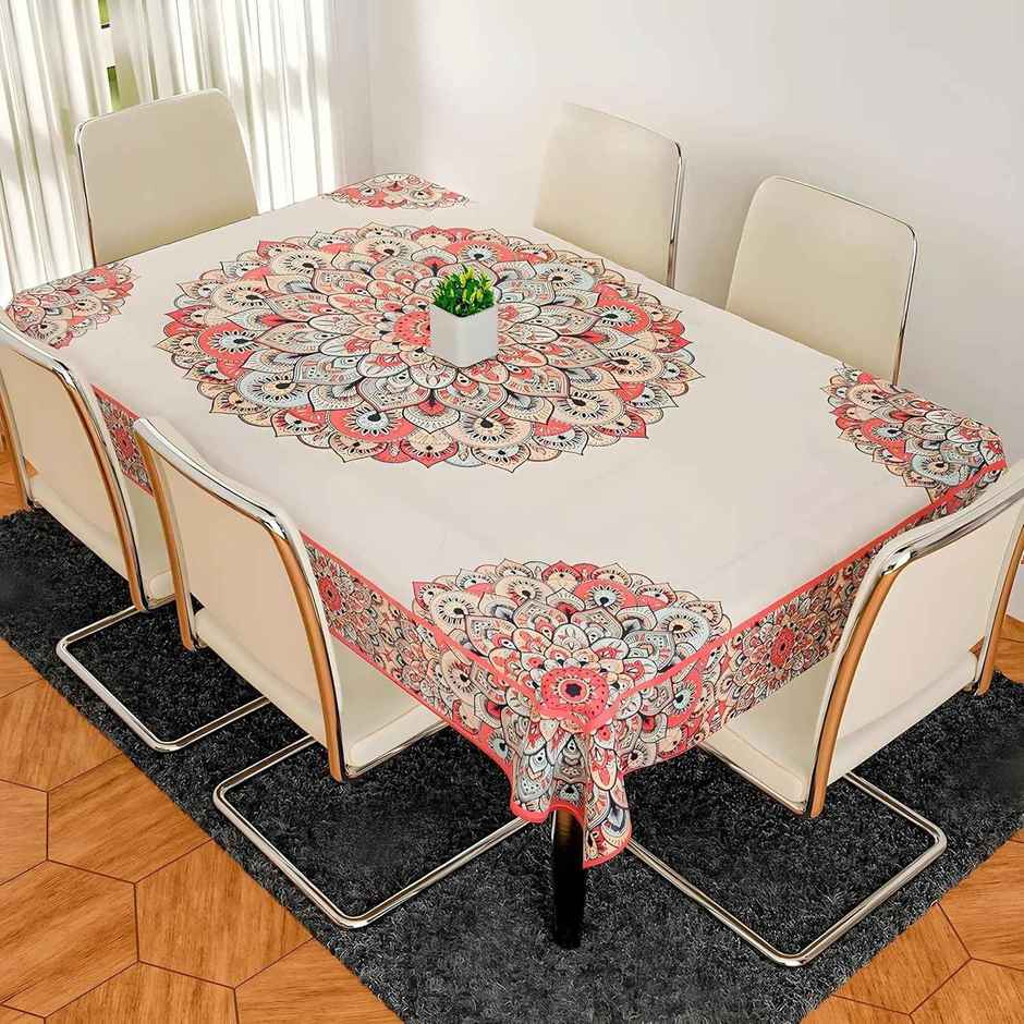 Kuber Industries Dining Table Cover | 6 Seater | Rangoli Design | Jute Table Cloth | 90 x 60 | Cream