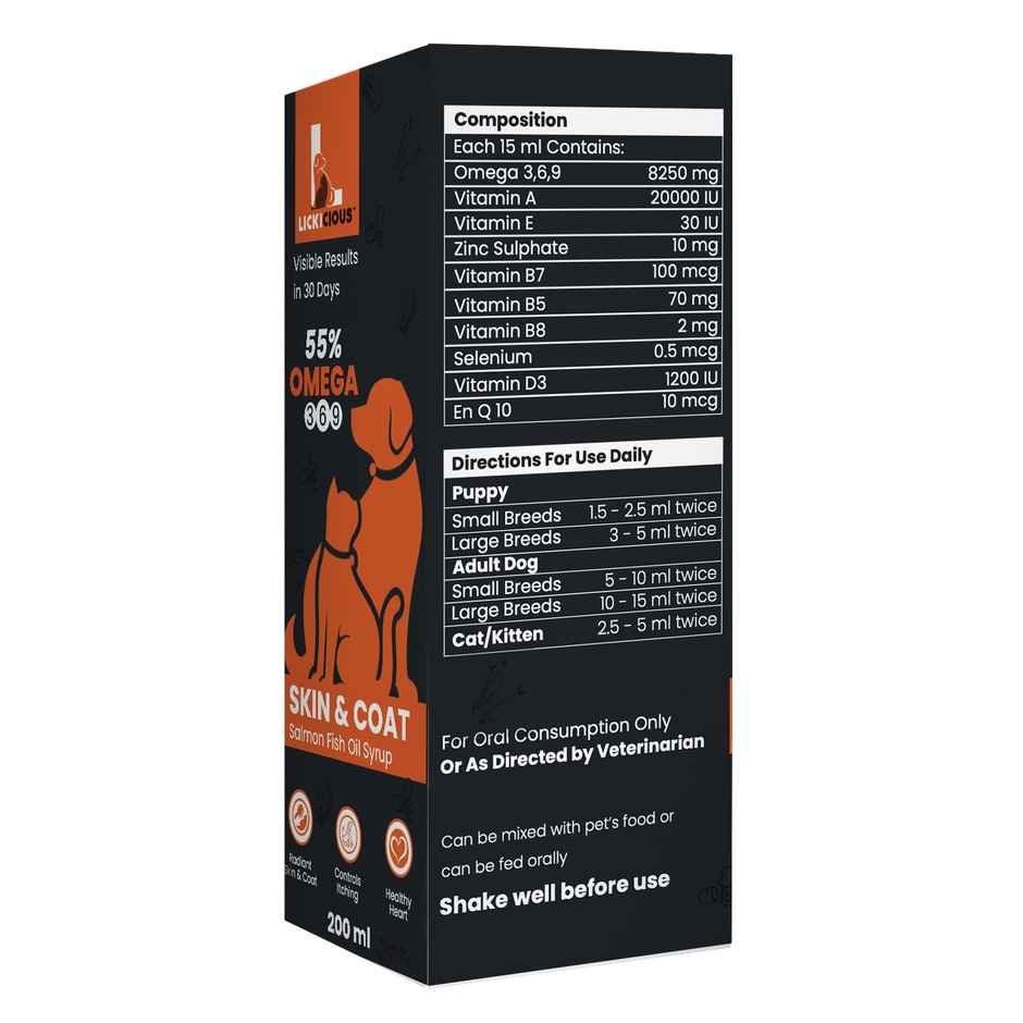 LICKICIOUS Omega 3 6 9 Salmon Oil - Skin & Coat Cat & Dog Supplement Syrup