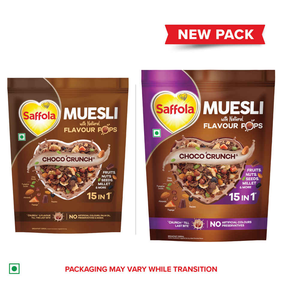 Saffola Muesli Choco Crunch With Flavour Pops, Fruits, Nuts, Seeds, Millets (15 In 1)